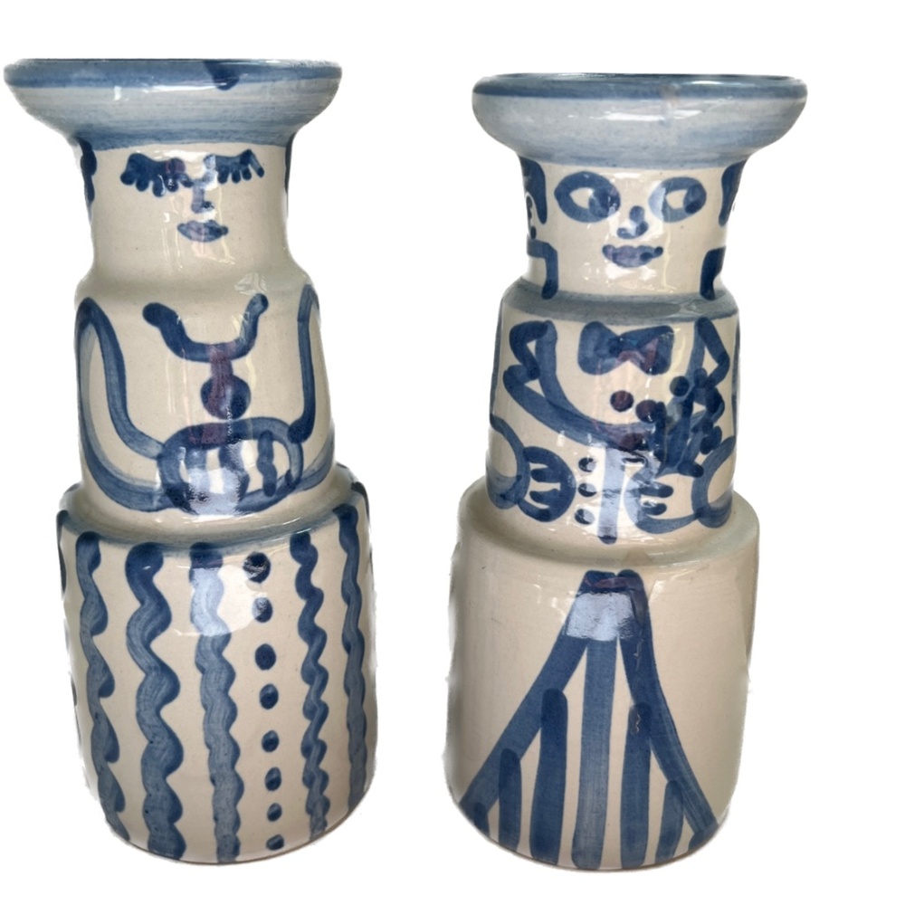 SIGNED M.A. Hadley Art Pottery Bride & Groom Candlesticks Candle Holders Blue